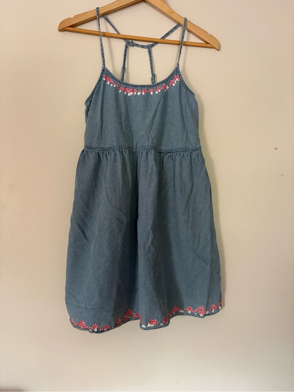 100% Cotton Blue Denim Hand painted Mushroom Sundress